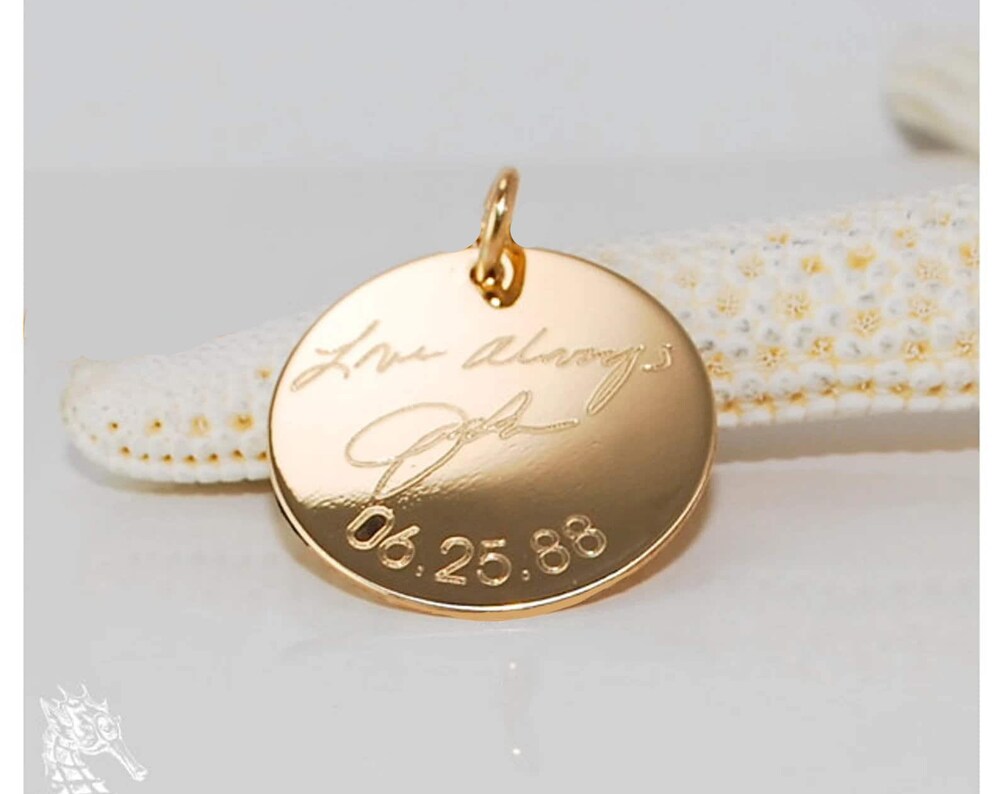 Actual handwriting Custom Engraved Solid 14k gold pendant