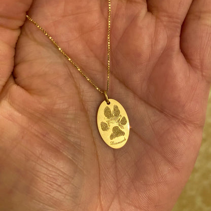 Oval solid 14k yellow gold actual paw print pendant